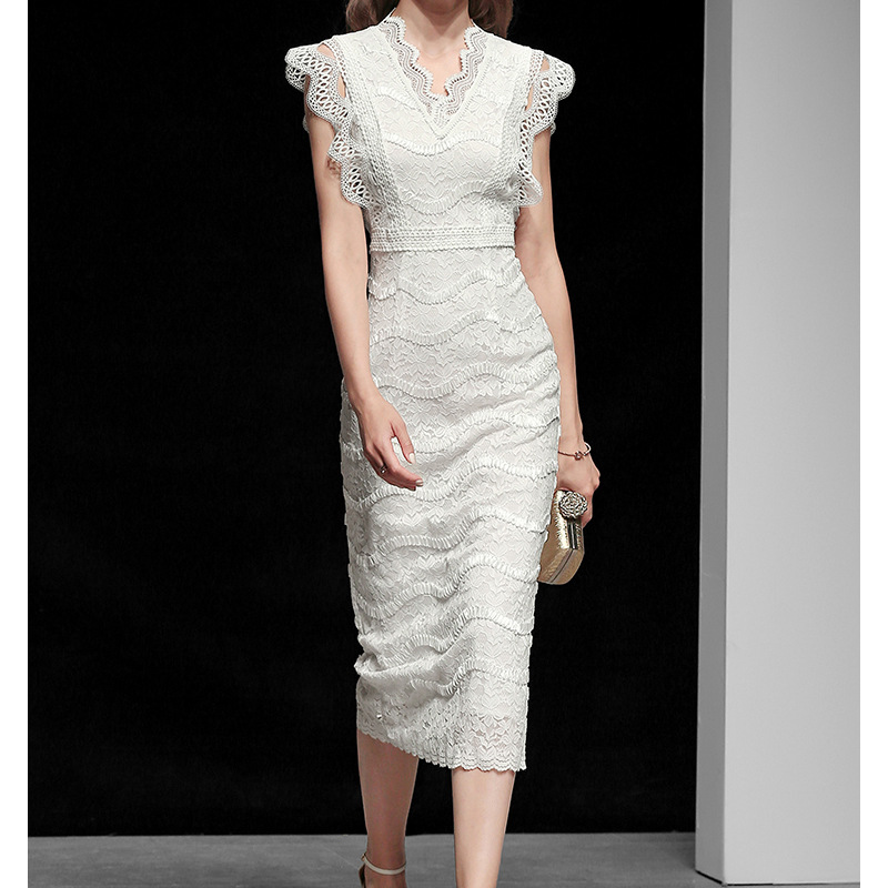 Women's White Lace Long Dress Temperament Slim