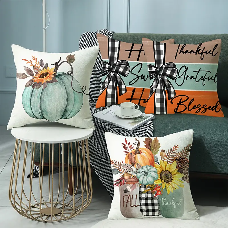 Fall Pumpkin Home Sweet Home Throw Pillow Covers, 18 X 18 Inch Autumn Thankful Grateful Blessed Harvest Floral Decorations For Sofa Couch