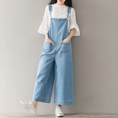Women's Loose Large Size Cropped Pants Wide Leg Denim Brace Trousers - Light Blue - View 1