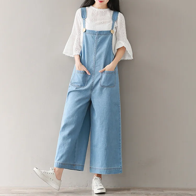 Women's Loose Large Size Cropped Pants Wide Leg Denim Brace Trousers - Light Blue