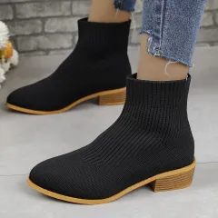 Chunky Heel Pointed Toe Ankle Boots Fashion Breathable Mid-tube Knitted Socks Shoes For Women Short Boot - Black - View 1