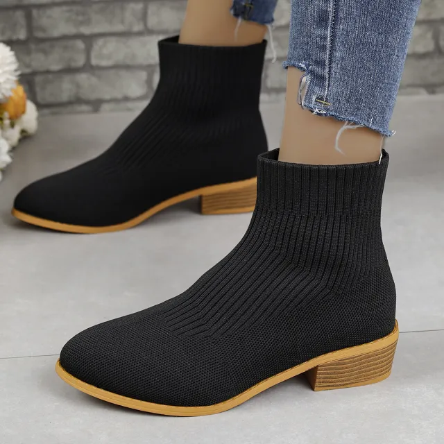 Chunky Heel Pointed Toe Ankle Boots Fashion Breathable Mid tube Knitted Socks Shoes For Women Short Boot Black - Shop at LoveMi