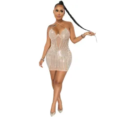 Sling Wrapped Chest Rhinestone Mesh Perspective Skirt Dress - Apricot - View 1