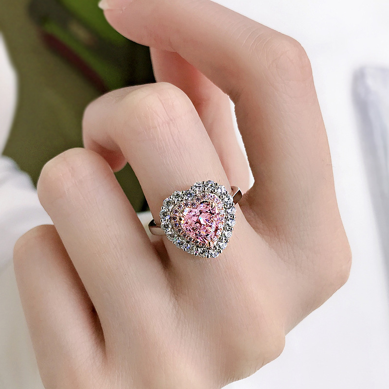 S925 Silver Heart-shaped Rhinestone Ring Simulation Diamond Ring Fully-inlaid 77 Diamond Women's Ring
