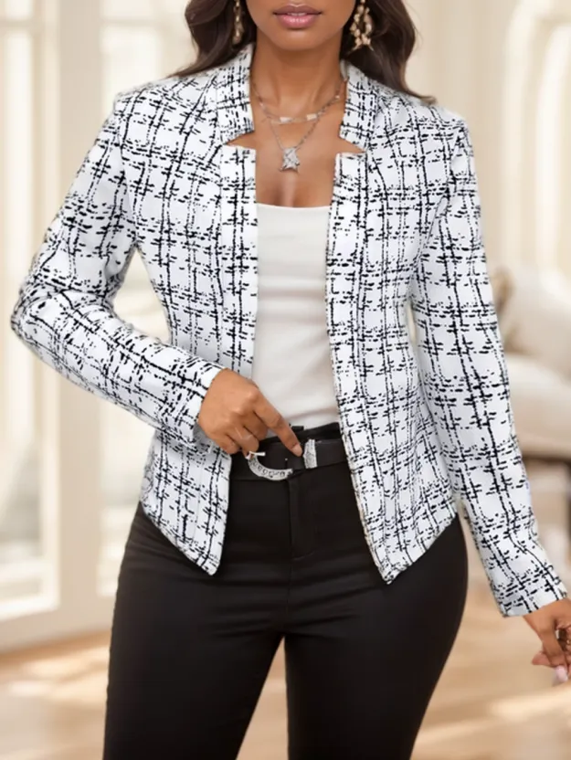 Lady Women's Elegant Elegant Plaid Print Open Front Blazer Jacket White - Shop at LoveMi