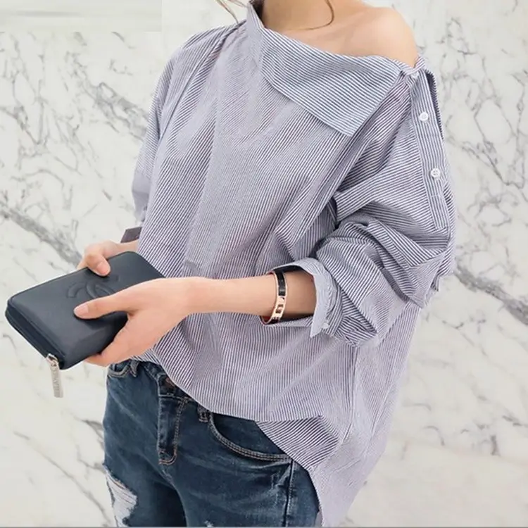 European And American New One-shoulder Cold-shoulder Loose-fitting Striped Long Sleeves Women's Shirt