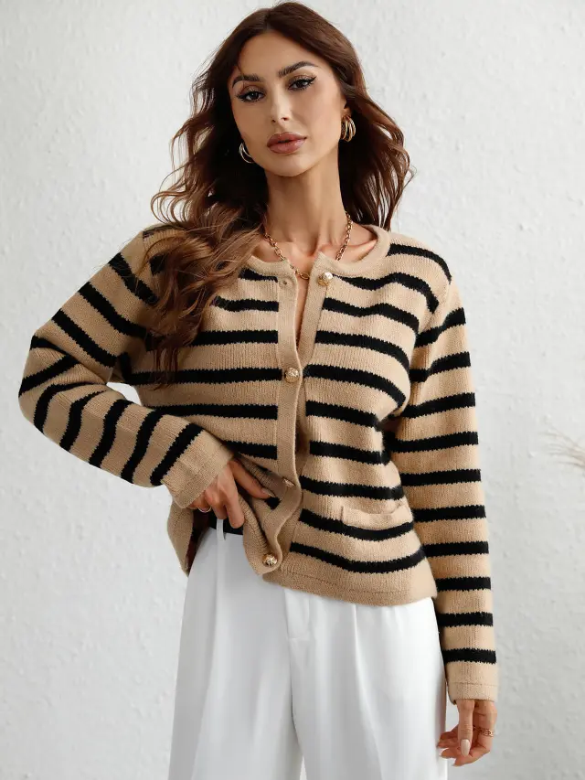 Striped Women's Single breasted Cardigan Sweater Khaki - Shop at LoveMi