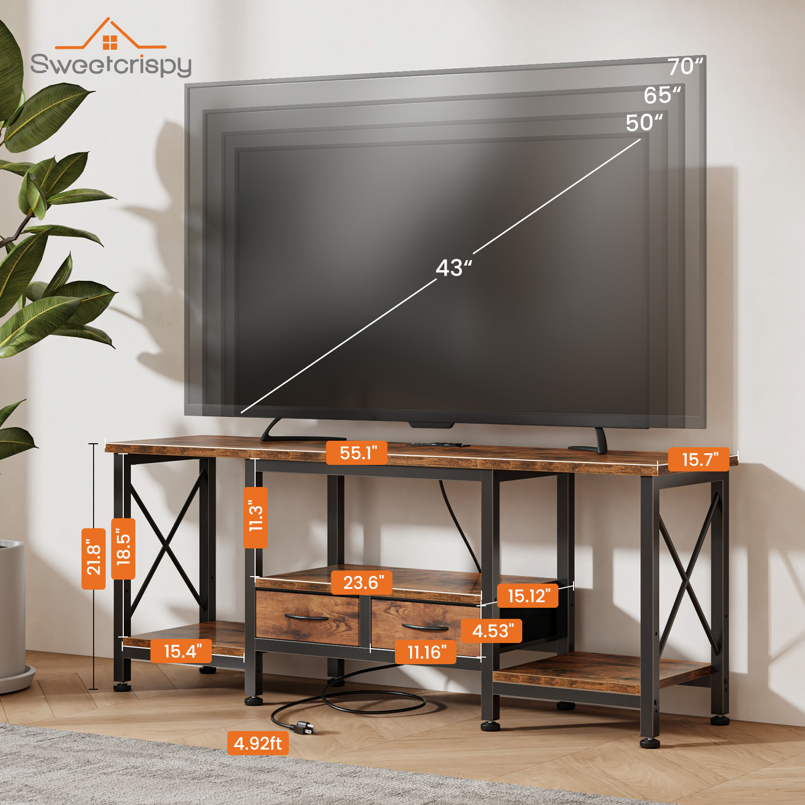 The TV Cabinet Comes With A Power Socket And Is Suitable For TVs With A Screen Size Of 75 Inches Or Less. It Features Fabric Drawers And Open Shelves.