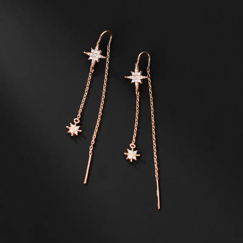 Silver Simple Full Diamond Star Tassel Ear Line