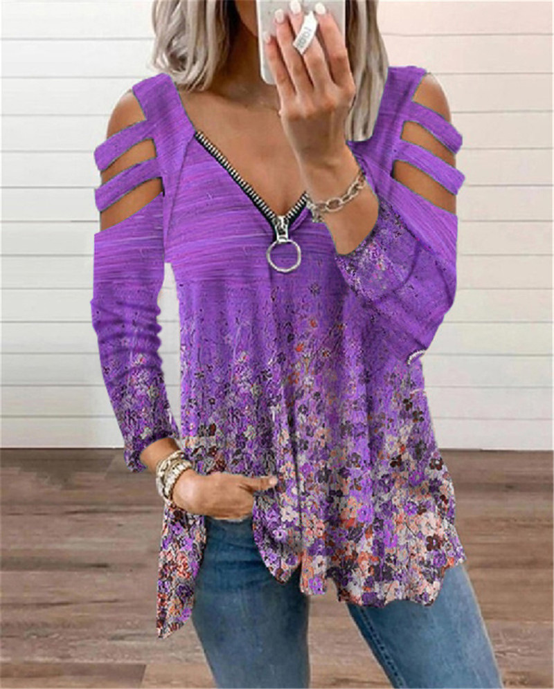 Title 6, V-neck Small Floral Zipper Long-sleeved Loose T...