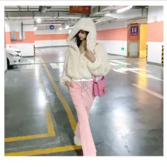 New Street Short High Waist Wool Hooded Coat Women - White - View 1