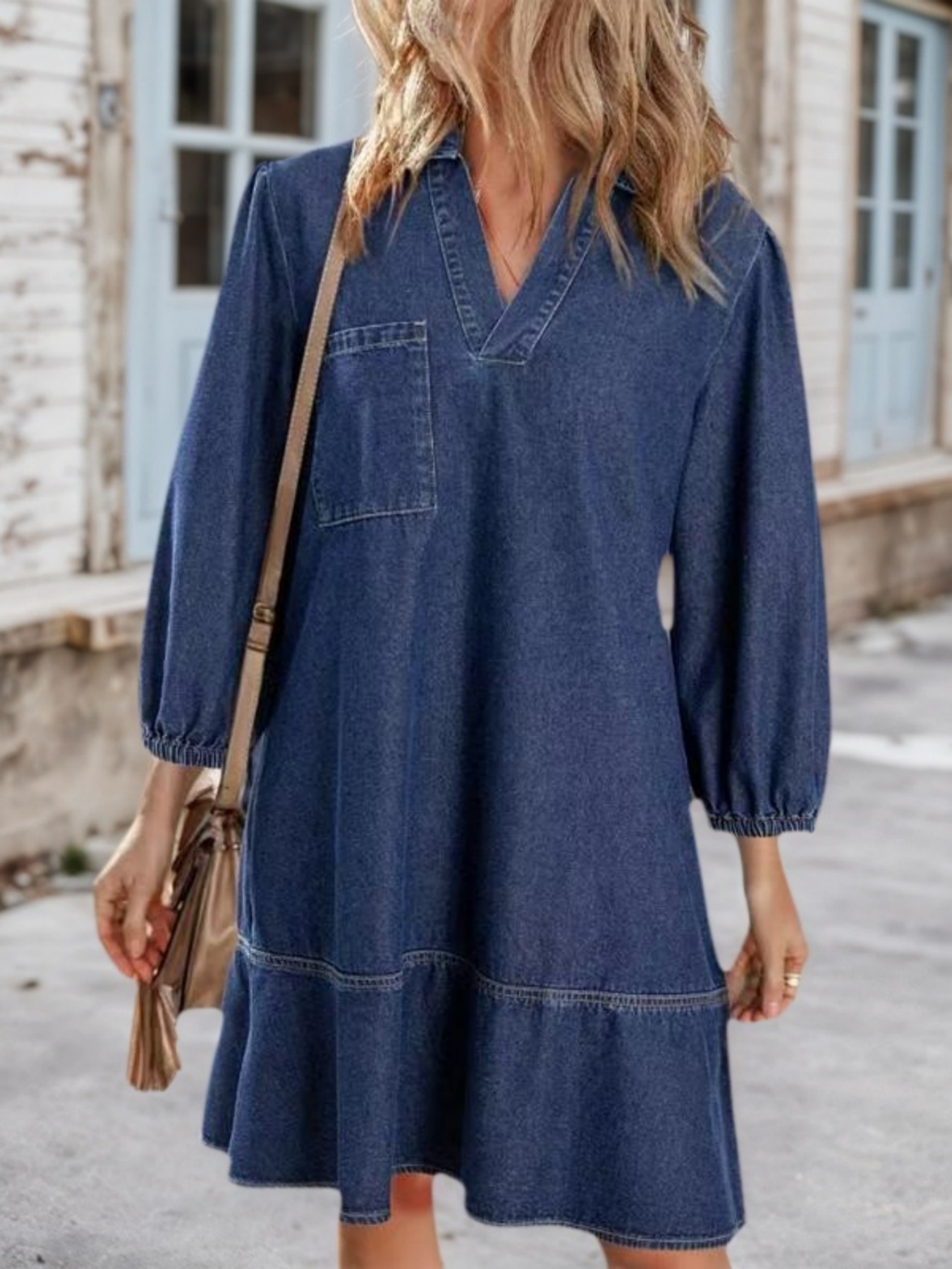 New Women's Casual Doll Dress With V-neck, Three-quarter Length, Puffed Sleeves, And Denim Material