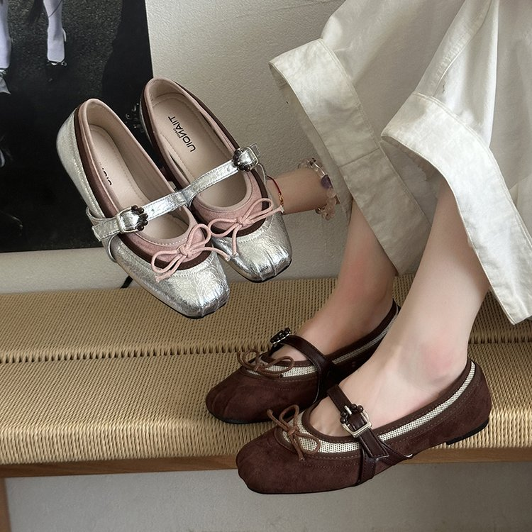 Silver Bow Mary Jane Flats Women Vintage Color Block Square Toe Ballet Flat Shoes