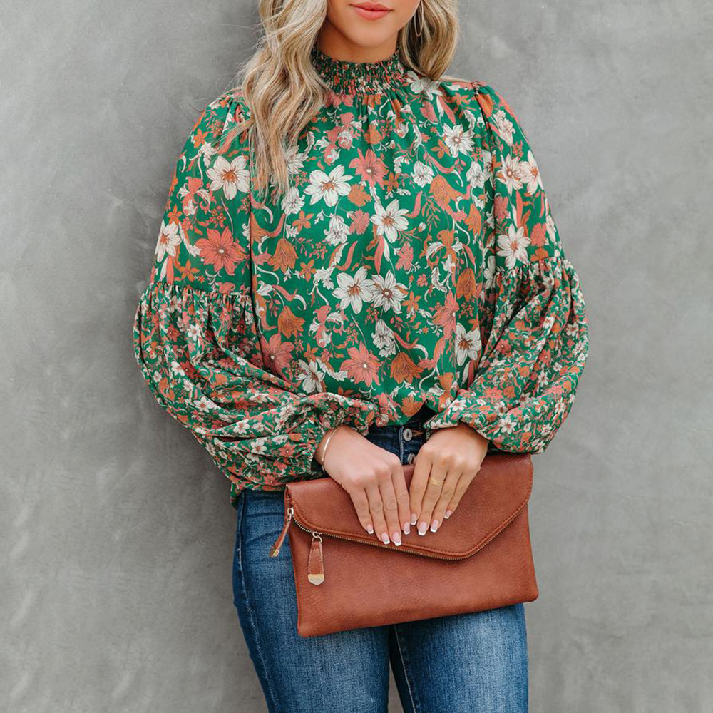 Fashion Print Lantern Long Sleeve Loose Casual Shirt