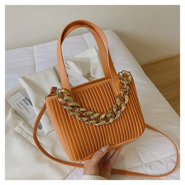 Pleated Handbag Chain Embellished One Shoulder Span Orange - Shop at LoveMi
