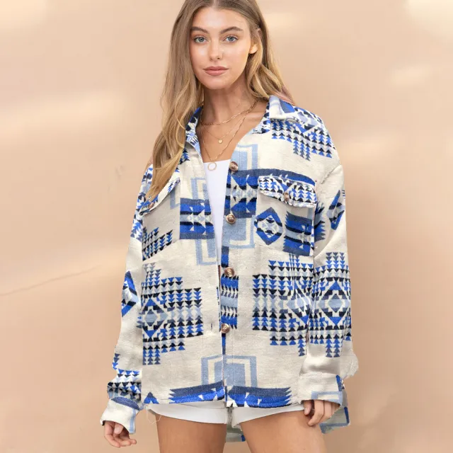 Aztec Wool Coat Thickened In Winter Blue - Shop at LoveMi