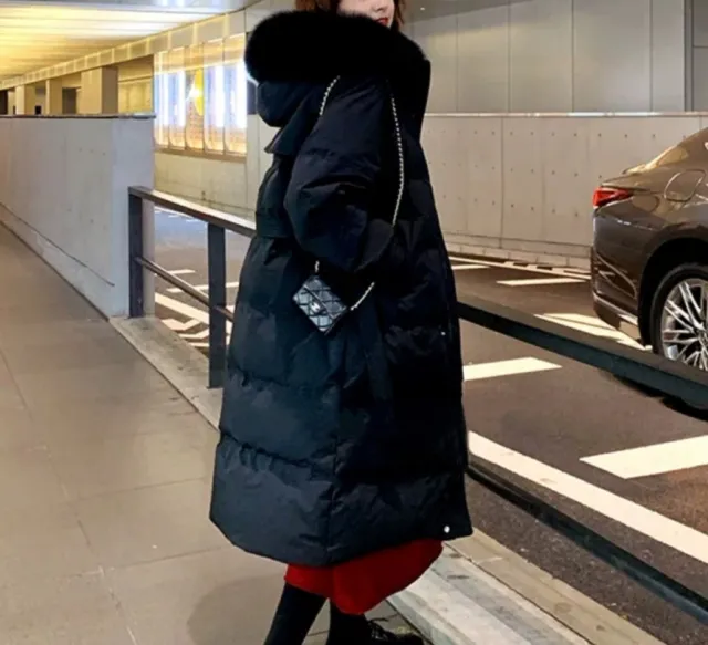 Women's Mid length Down Jacket With Over the knee Large Fur Collar Black - Shop at LoveMi
