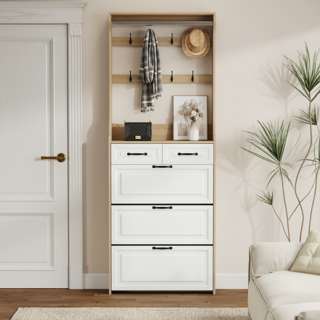New Wooden Shoe Cabinet, 3 Doors And 2 Drawers, Equipped With Hangers And Spacious Storage Space