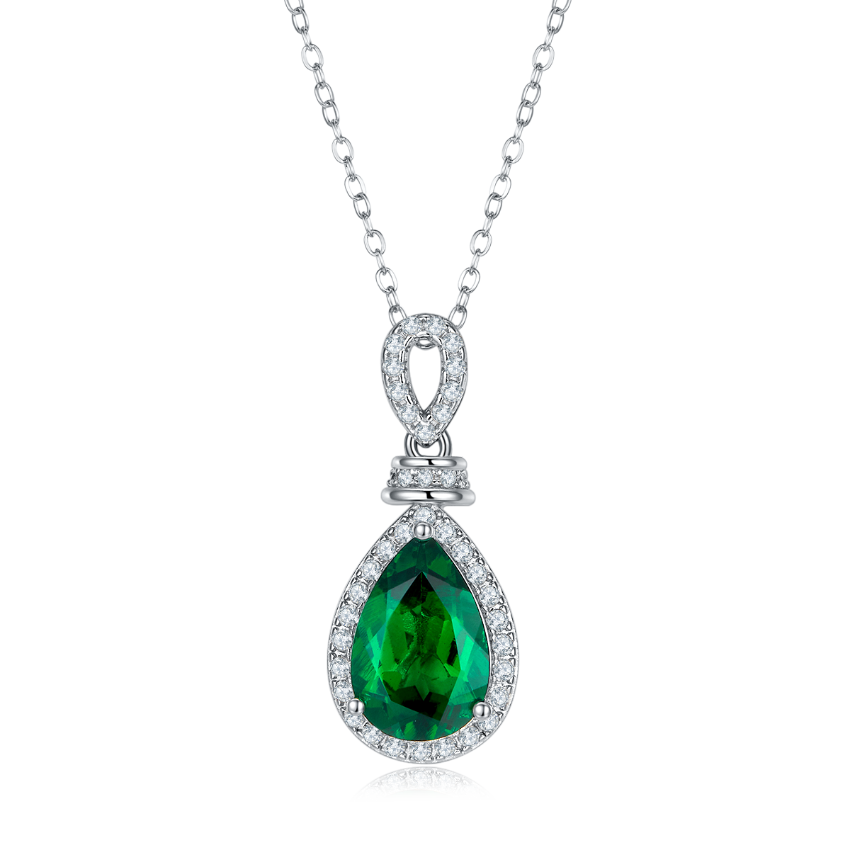 S925 Silver 3.3g Platinum Plated 4ct Lab-Created Emerald Necklace, 12x8mm Halo Pendant, 40&5cm