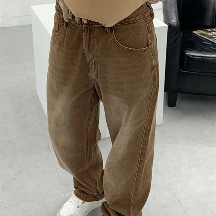 Women's Autumn And Winter Retro Brown Loose Casual Jeans - Brown