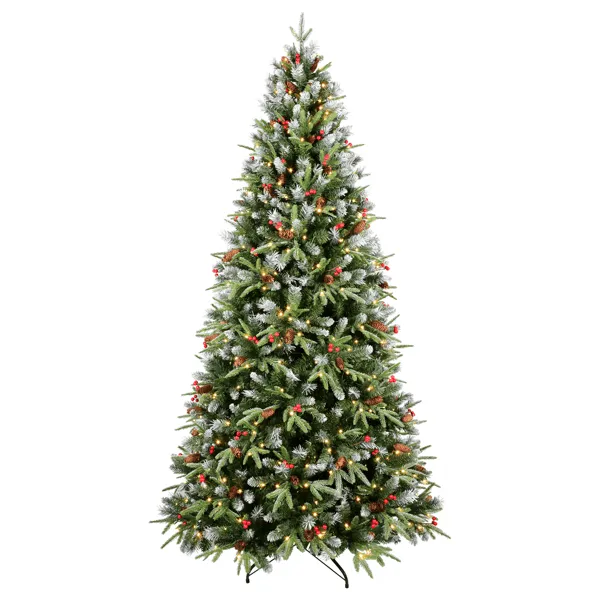 Artificial 6ft Green LED-lit Christmas Tree With 1593PE PVC Mixed Branch Tips,Red Fruit And Pine Cone,Hinged Premium & Foldable Base For Indoor Hol...