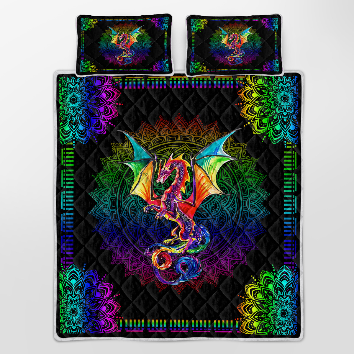 Color Mandala Dragon Pattern Quilt Set Microfiber Soft Lightweight Portable Bedding Set, 1 Quilt With 2 Pillowcases