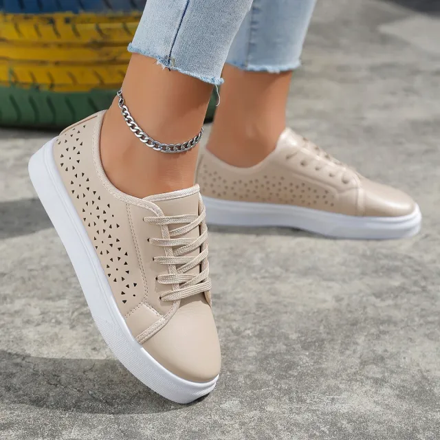 Cutout Flat Shoes Lace up Hollow Out Walking Shoes For Women Loafers Apricot - Shop at LoveMi