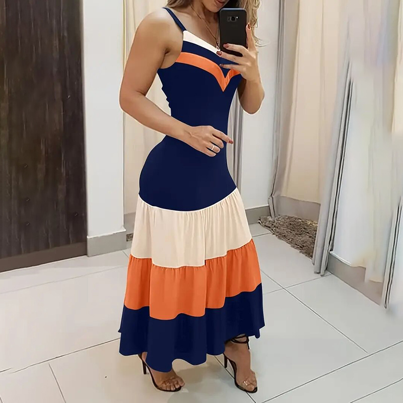 Women's Summer Casual Sleeveless V Neck Color Block Spaghetti Strap Maxi Long Dr - Picture 9 of 10