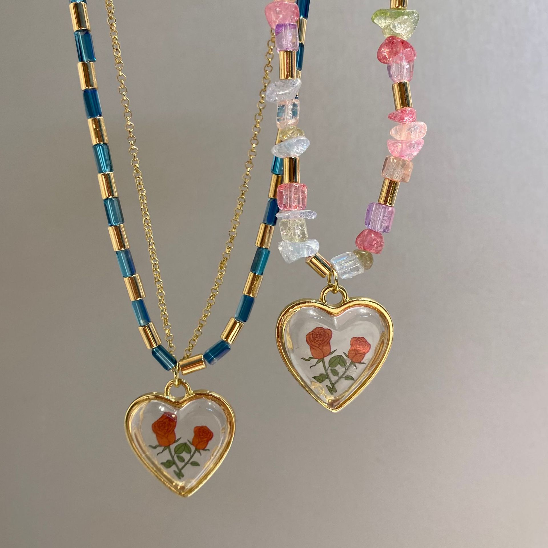 Crystal Irregular Stone Beaded Love Rose Necklace