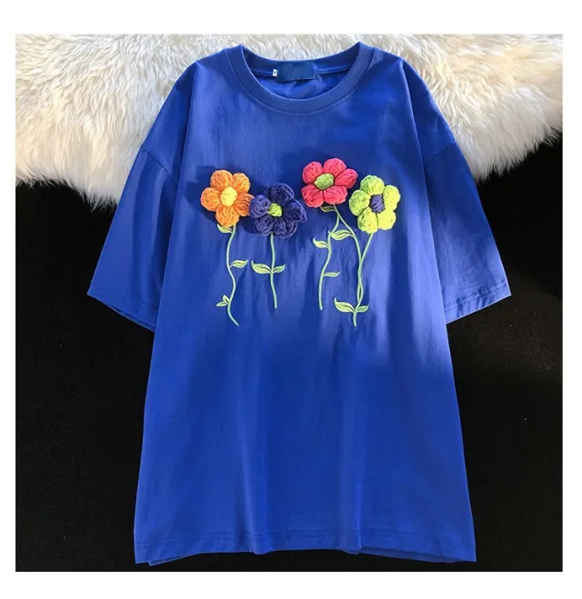 Women's Summer Loose Three dimensional Flower Short sleeved T shirt Blue - Shop at LoveMi
