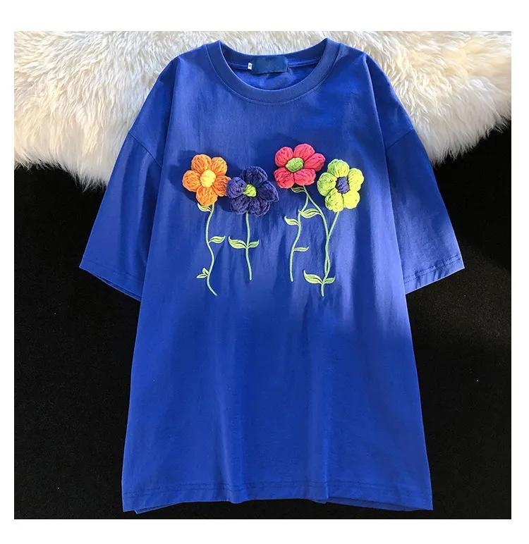 Women's Summer Loose Three-dimensional Flower Short-sleeved T-shirt - Blue