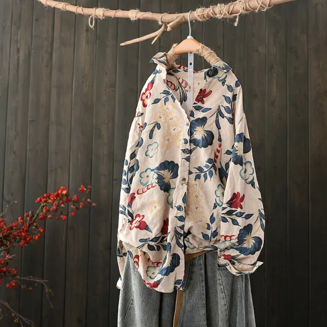 New Oversize Loose Artistic Vintage Floral Shirt Apricot - Shop at LoveMi