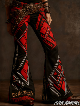 Pantalon évasé femme rétro imprimé, taille haute à bouton unique – Color14, XXL
