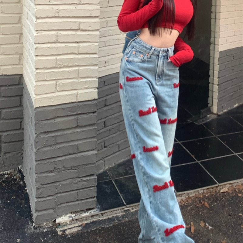 Alphabet Embroidery Casual Straight Jeans Image Color - Shop at LoveMi