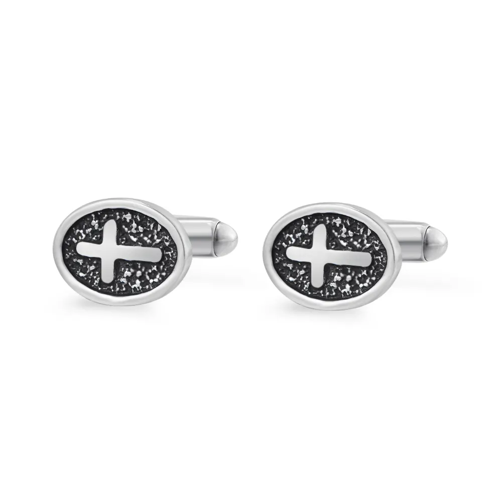 Oval Cross Cufflinks Silver Stainless Steel Shirt