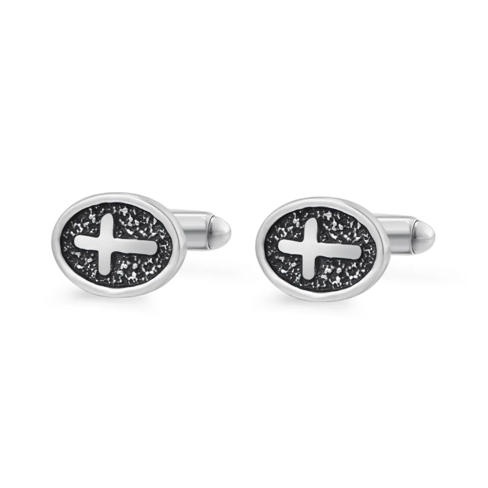 Oval Cross Cufflinks Silver Stainless Steel Shirt Cuff Links