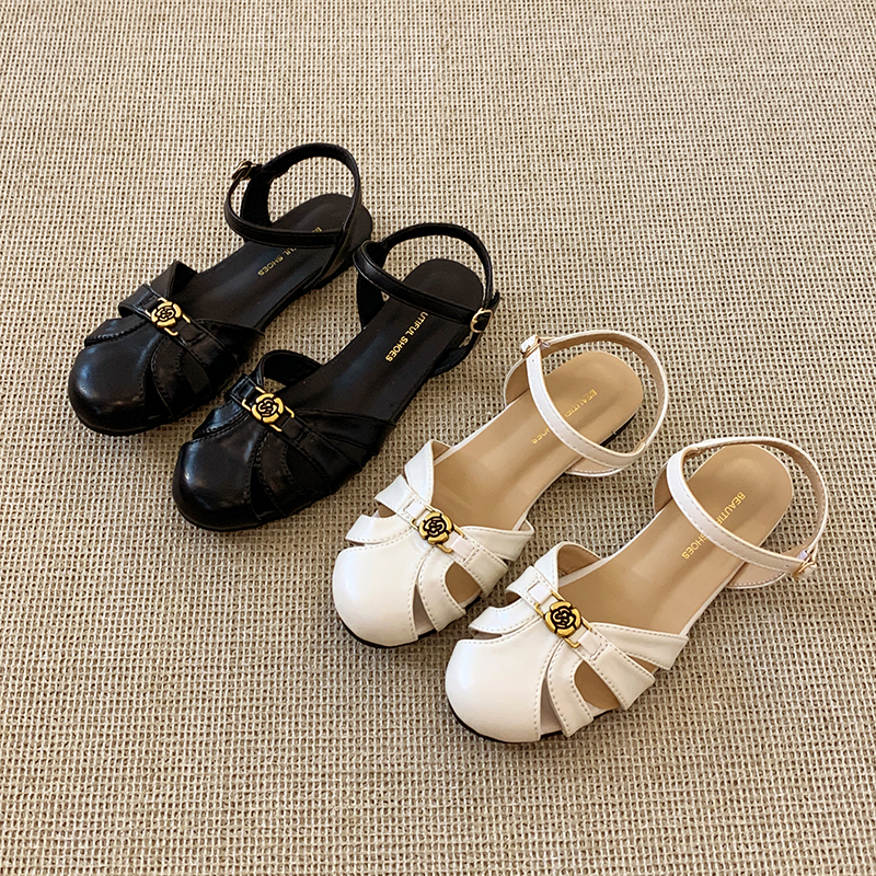 Women Vintage Camellia Rose Metal Buckle Cutout Slingback Fisherman Flat Sandals, Round Closed Toe Hollow Adjustable Ankle Strap Soft Leather Backless Casual Daily Summer Mule Slippers