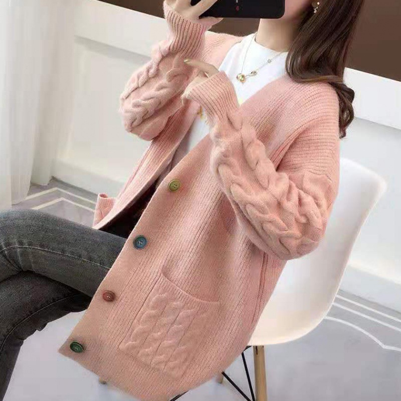 Loose All-match Lazy Wind Twist Knit Cardigan Solid Color Sweater Coat