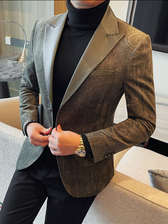 Jacquard Velvet Leather Lapel Men's Blazer