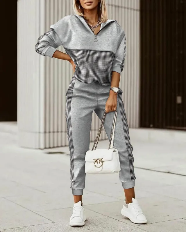 Women's Printed Panel Hood Top Pant Set Grey - Shop at LoveMi