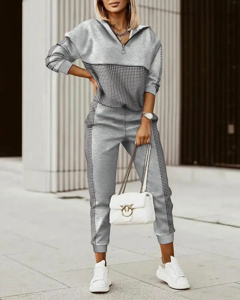 Women's Printed Panel Hood Top Pant Set - Grey