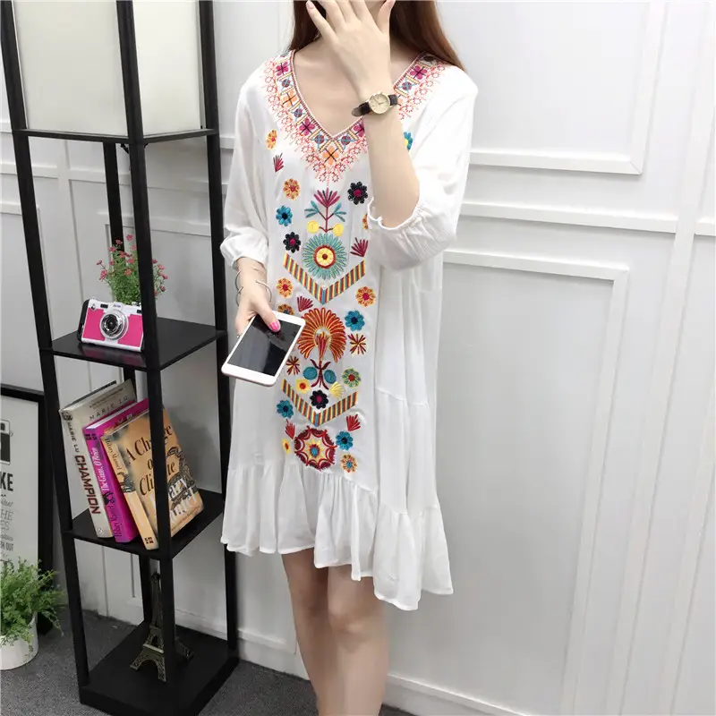 Thin Three-quarter Sleeves Cotton And Linen Mid-length Seaside Holiday Dress