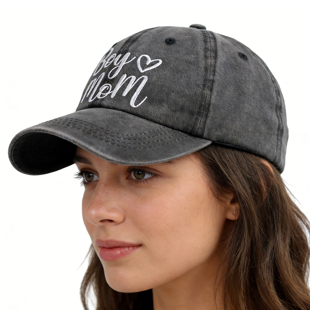 Boy Mom ponytail cap back view showing adjustable hook and loop closure and open ponytail hole