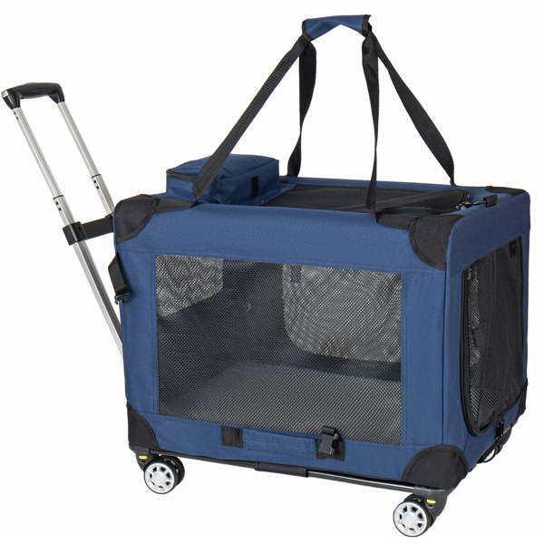 2 In 1, 28'' Collapsible Travel Dog Crate For Medium Large Dogs, Rolling Pet Carrier With Wheels, 3-Door Portable Folding Pet Kennel With Mesh Windows