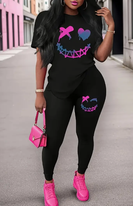 Women's  Printed Round Neck T-Shirt And Leggings Set