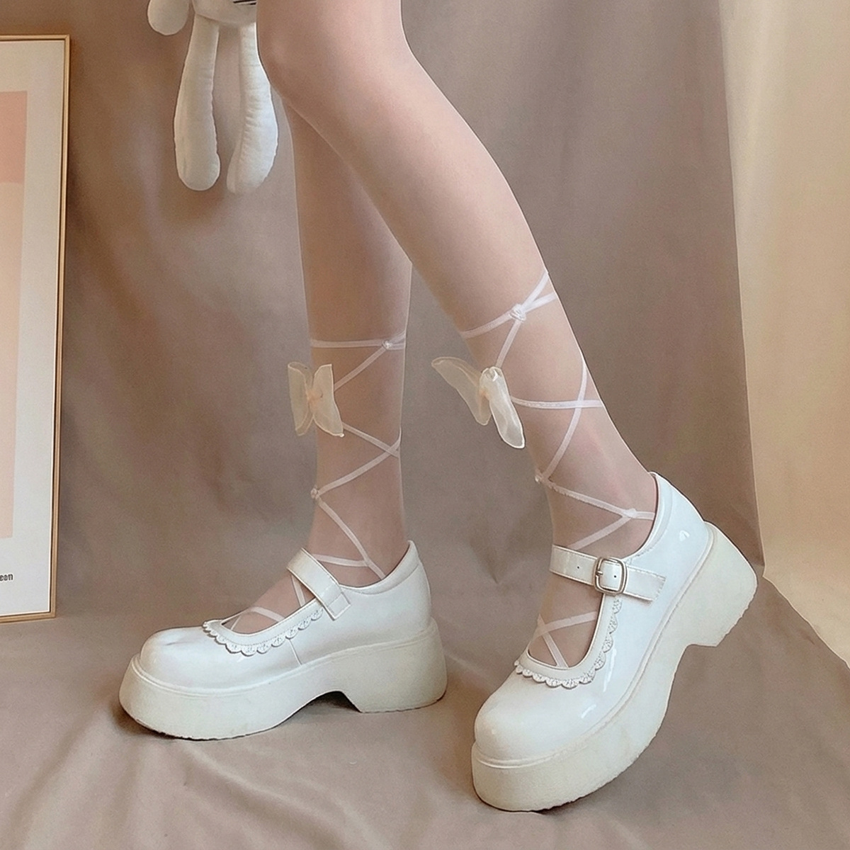 Bow Japanese Style Silk Stockings for Women, One-Size