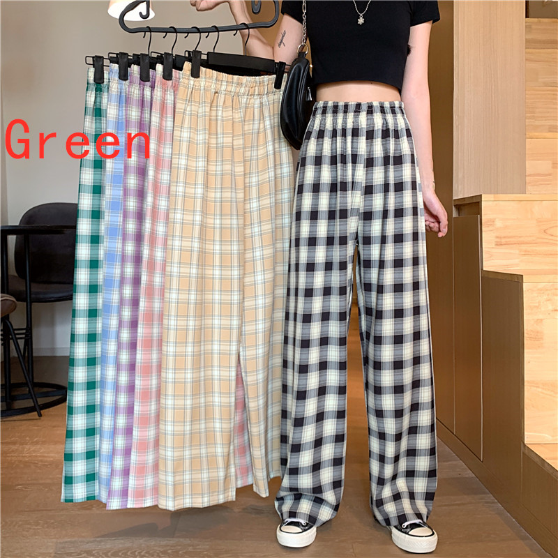 Women's Spring Thin Loose And Casual Plaid Trousers High Waist Green - Shop at LoveMi