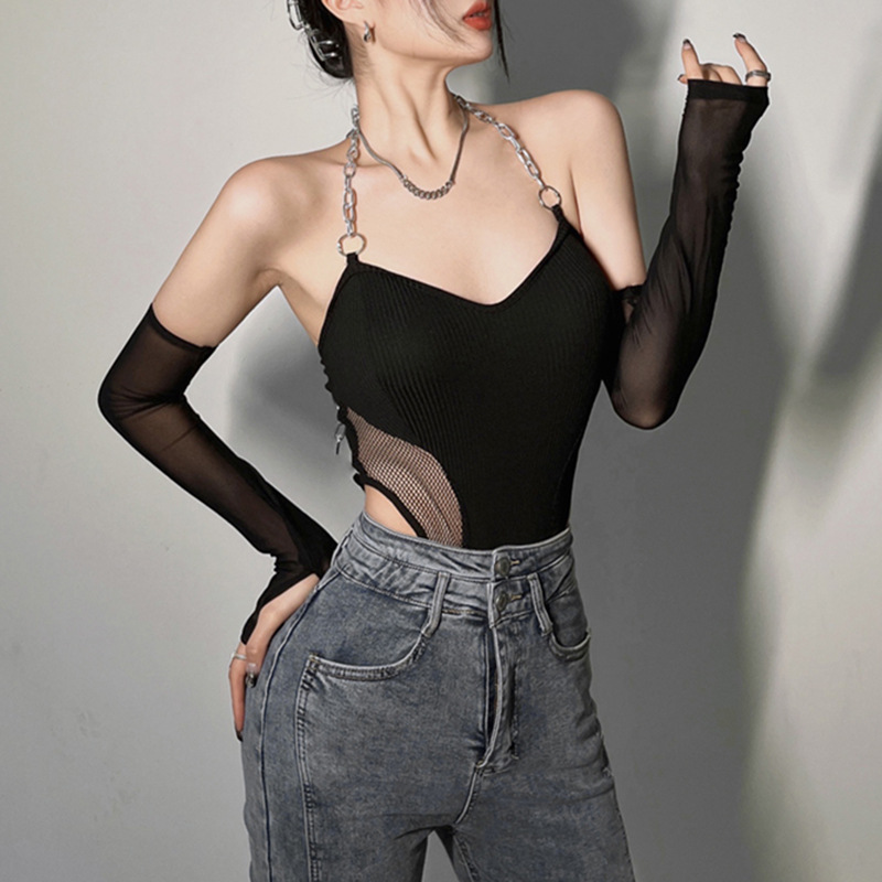 Tight Irregular With Oversleeves Personality Chain Halter Backless Vest