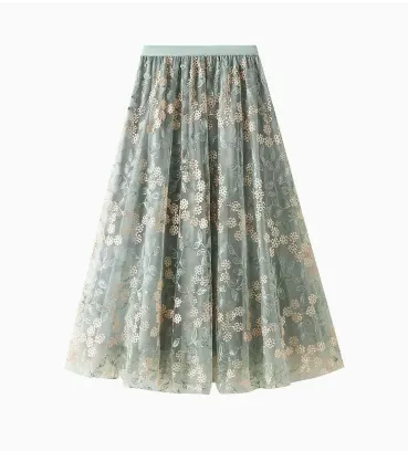 High Waisted Slim Mid Length Westernized Drape Yarn A line Skirt Green - Shop at LoveMi