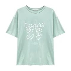 Loose Women's Short Sleeve T-Shirt Cotton Print - Green - View 1